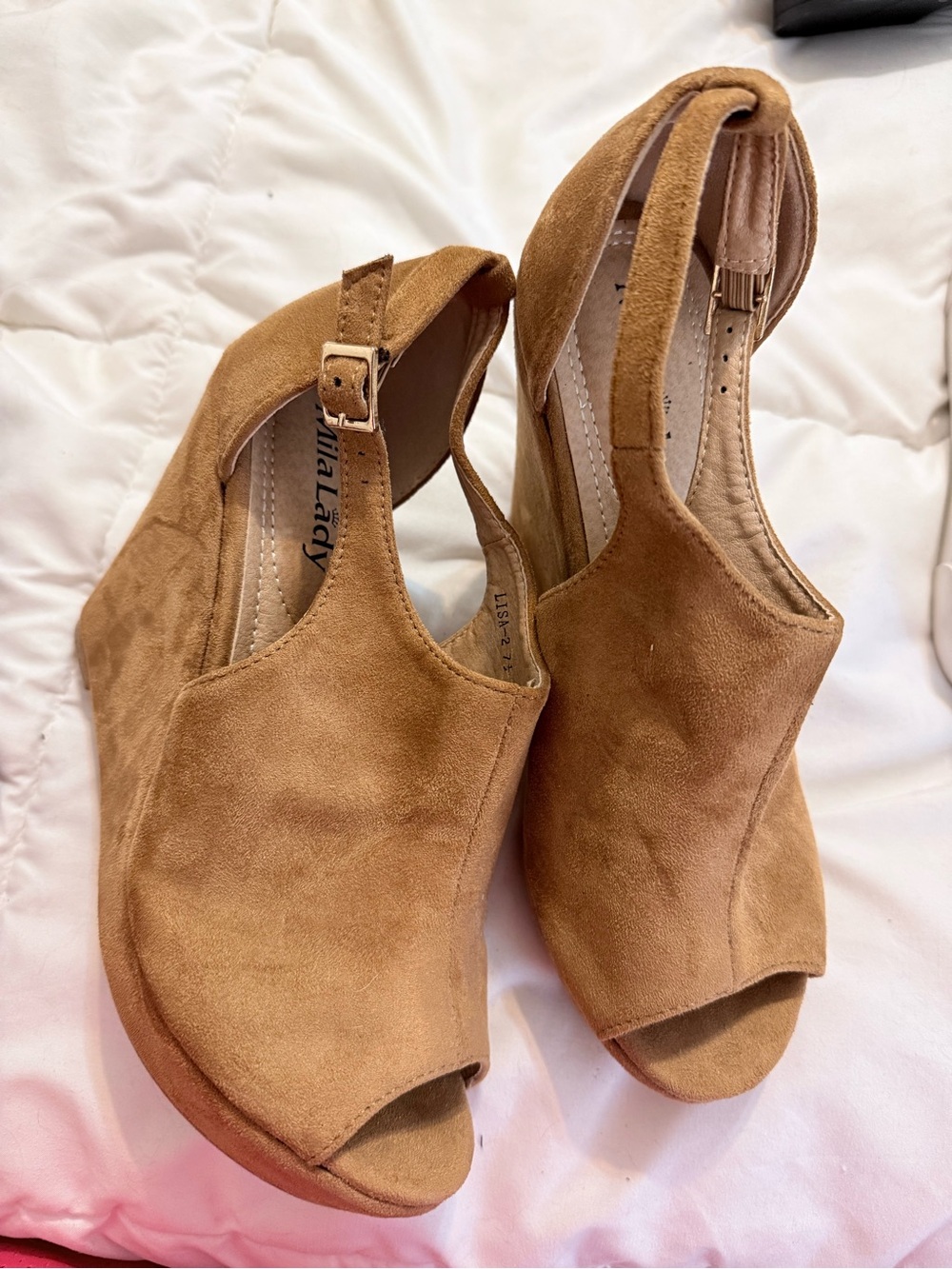 Suede Peep-Toe Wedge Sandals in Tan